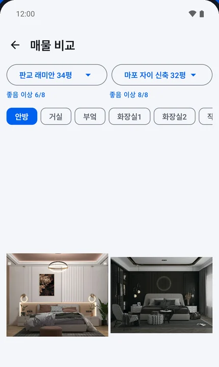 매물 두 곳의 사진과 체크리스트 점수를 나란히 놓은 비교 화면